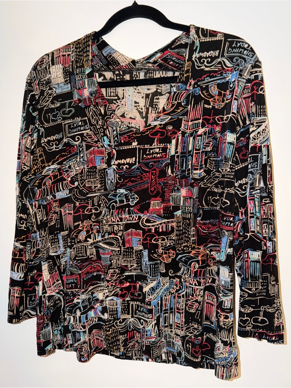 Chico’s Women's Cityscape Print V-Neck Top - Black Multicolor